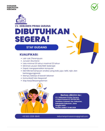Lowongan Kerja CV. Kebumen Prima Sarana (Staff Gudang)