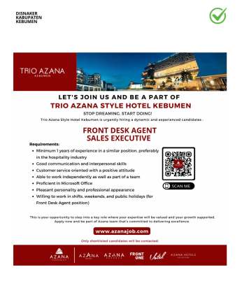 Lowongan Kerja Trio Azana Style Kebumen (Front Desk Agent & Sales Executive)