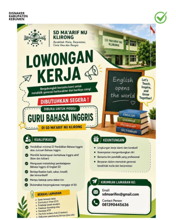 Lowongan Kerja SD Ma’arif NU Klirong (Guru Bahasa Inggris)