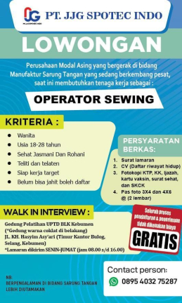 Lowongan Kerja PT. JJG Spotec Indo (Operator Sewing)