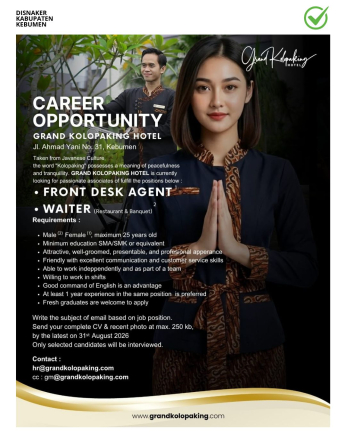 Lowongan Kerja Grand Kolopaking Hotel Kebumen(Posisi Front Desk Agent dan Waiter)