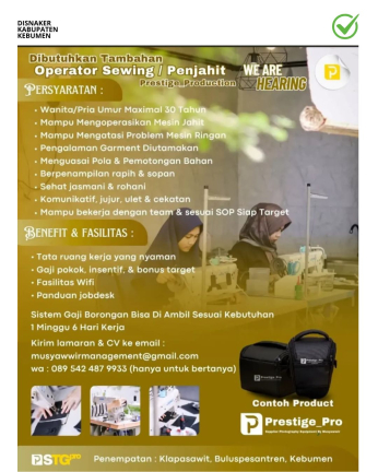 Lowongan Kerja Prestige Pro (Operator Sewing/Penjahit)