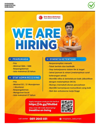 Lowongan Kerja Trio Plaza Kebumen (Pramuniaga dan Staff Admin Receiving)