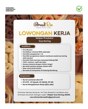 Lowongan Kerja Helper Produksi Kue Kering BreadLin Home Made Cake & Cookies