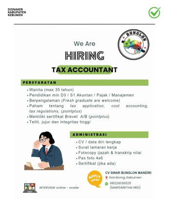 Lowongan Kerja CV Sinar Bunglon Mandiri (Tax Accountant)