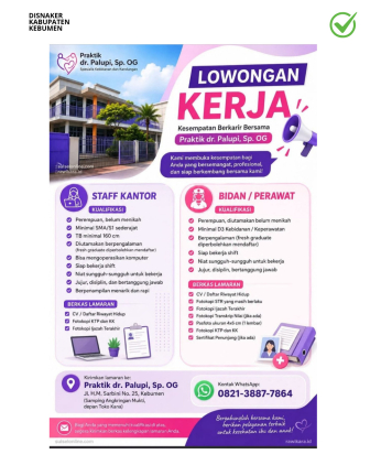 Lowongan Kerja Praktik dr. Palupi, Sp. OG (Staff Kantor dan Bidan / Perawat)