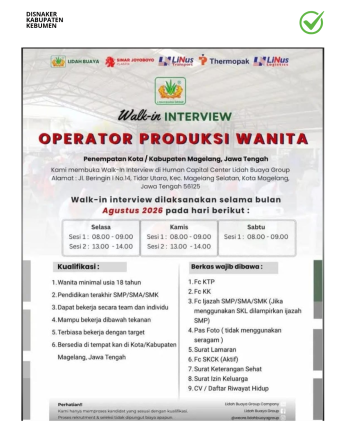 Lowongan Kerja Lidah Buaya Group Walk-in Interview Operator Produksi Wanita Penempatan Magelang