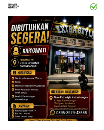 Lowongan Kerja Distro Extrastyle Kutowenangun (Posisi Karyawati)
