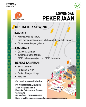 Lowongan Kerja PT. Westapusaka Kusuma (Operator Sewing)