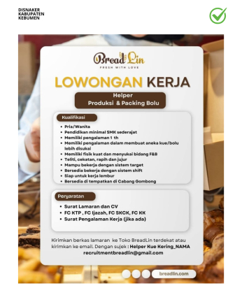 Lowongan Kerja BreadLin (Helper Produksi & Packing Bolu)