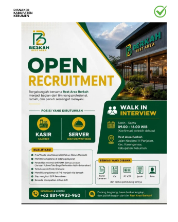 Lowongan Kerja Berkah Resto(Kasir dan Server)