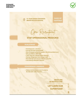Lowongan Kerja CV Puan Sangat Indonesia (Staff Operasional Produksi)