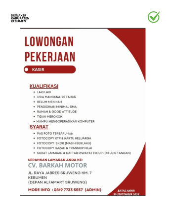 Lowongan Kerja CV. Barokah Motor (Kasir)