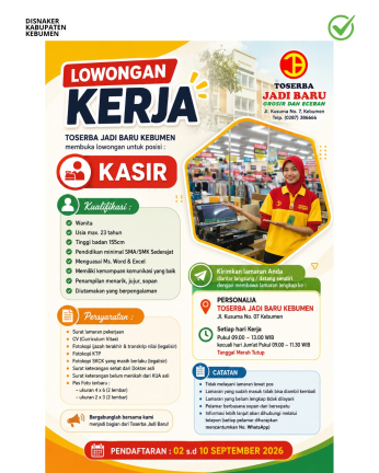 Lowongan Kerja Toserba Jadi Baru Kebumen (Kasir)