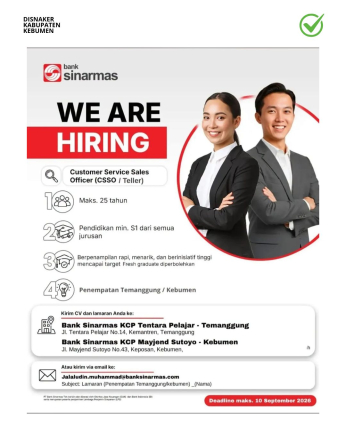 Lowongan Kerja Bank Sinarmas (Customer Service Officer)