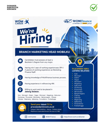Lowongan Kerja WOM Finance: Posisi Branch Marketing Head Mobilku Penempatan Jateng Selatan
