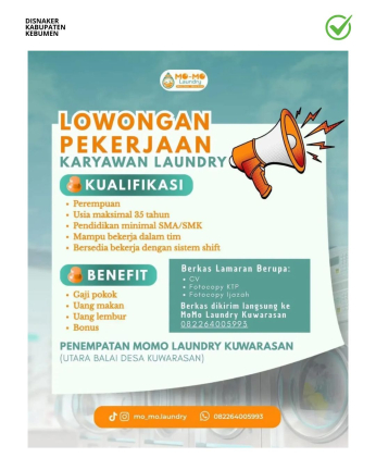 Lowongan Kerja MoMo Laundry Kuwarasan: Posisi Karyawan Laundry