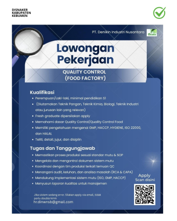 Lowongan Kerja PT Denikin Industri Nusantara: Posisi Quality Control (Food Factory)