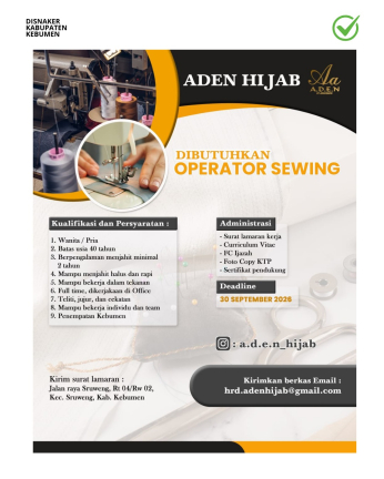 Lowongan Kerja Aden Hijab Operator Sewing