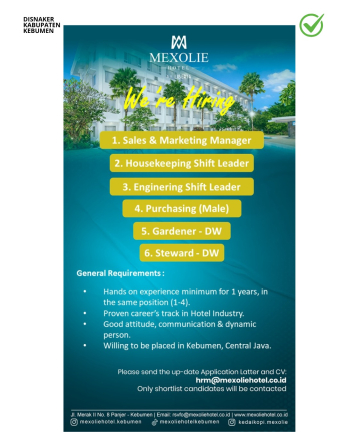 Lowongan Kerja Kebumen: Mexolie Hotel Buka Rekrutmen 6 Posisi Strategis