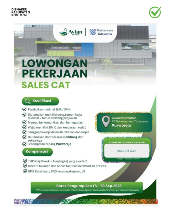 Lowongan Kerja PT Tirtakencana Tatawarna (Avian Brands): Sales Cat Penempatan Purworejo