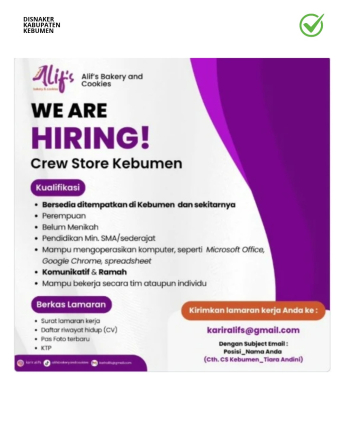 Lowongan Kerja Alif's Bakery and Cookies (Crew Store)