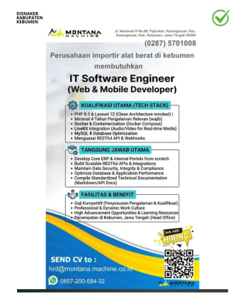 Lowongan Kerja Montana Machine IT Software Engineer (Web & Mobile Developer)