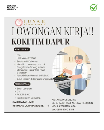 Lowongan Kerja Lunar Coffee & Resto (Koki / Tim Dapur)