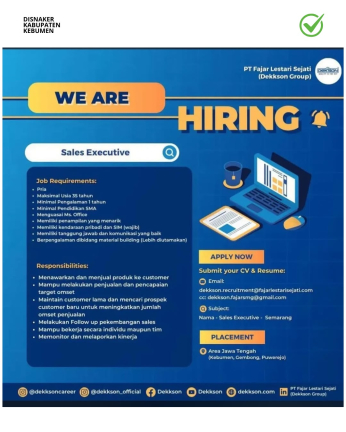 Lowongan Kerja PT Fajar Lestari Sejati (Dekkson Group) Sales Executive Penempatan Jawa Tengah