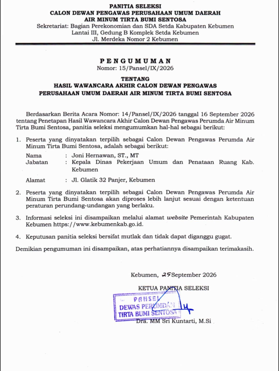 Pengumuman Hasil Wawancara Akhir Calon Dewan Pengawas Perumda Air Minum Tirta Bumi Sentosa Kabupaten Kebumen