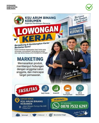 Lowongan Kerja KSU Arum Binang Kebumen (Posisi Marketing)