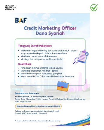 Lowongan Kerja BAF Kebumen (Credit Marketing Officer Dana Syariah)