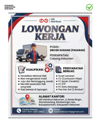 Lowongan Kerja Mili Distribusi Driver Gudang (Pasaran)
