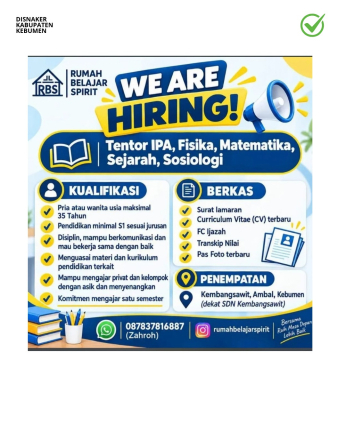 Lowongan Kerja Rumah Belajar Spirit (RBS) Rekrutmen Tentor 5 Mata Pelajaran