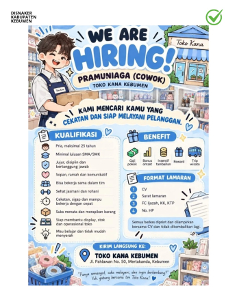 Lowongan Kerja Toko Kana (Pramuniaga)