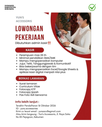Lowongan Kerja Admin Kasir di Yun’s Accessoris Kebumen
