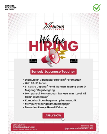 Lowongan Kerja Pengajar Bahasa Jepang di LPK X-Japan Kebumen, Dibutuhkan 3 Orang