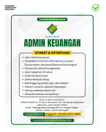 Lowongan Kerja Admin Keuangan Tradha Group Gombong