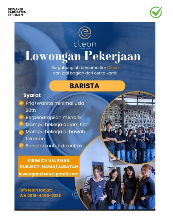 Lowongan Kerja Barista di Cleon Coffee & Eatery Kebumen
