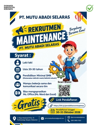 Lowongan Kerja Maintenance di PT Mutu Abadi Selaras Kebumen