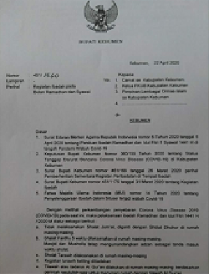 Surat Bupati Terkait Panduan Ibadah Ramadhan dan Idul Fitri 1 Syawal 1441H di Tengah Pandemi Covid19