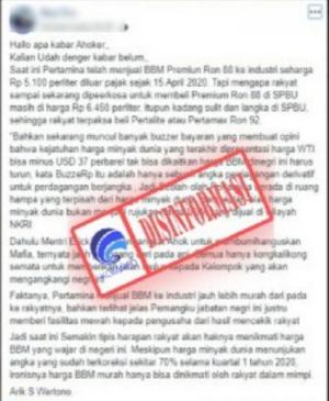 Hoax Pertamina Jual BBM ke Industri Lebih Murah