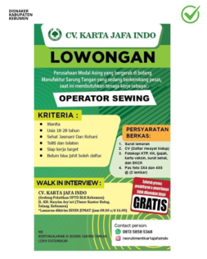 Lowongan Kerja CV. Karta Jafa Indo untuk Posisi Operator Sewing