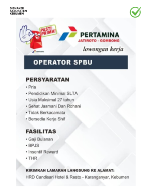 Lowongan Kerja SPBU Pertamina Jatiroto–Gombong