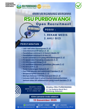 Lowongan Kerja RSU Purbowangi Posisi Rekam Medis dan Ahli Gizi