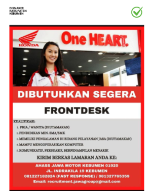 LOWONGAN KERJA: FRONTDESK AHASS JAWA MOTOR KEBUMEN
