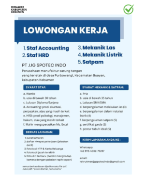 Lowongan Kerja PT JJG Spotec Indo