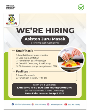 Lowongan Kerja Yayasan Bias Ath Thoriq Gombong (Asisten Juru Masak)