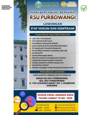 Lowongan Kerja RSU Purbowangi (Staff Hukum & Kemitraan)